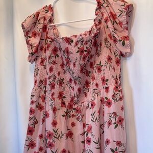 Floral Pink Dress with Ruffled Sleeves off the shoulder